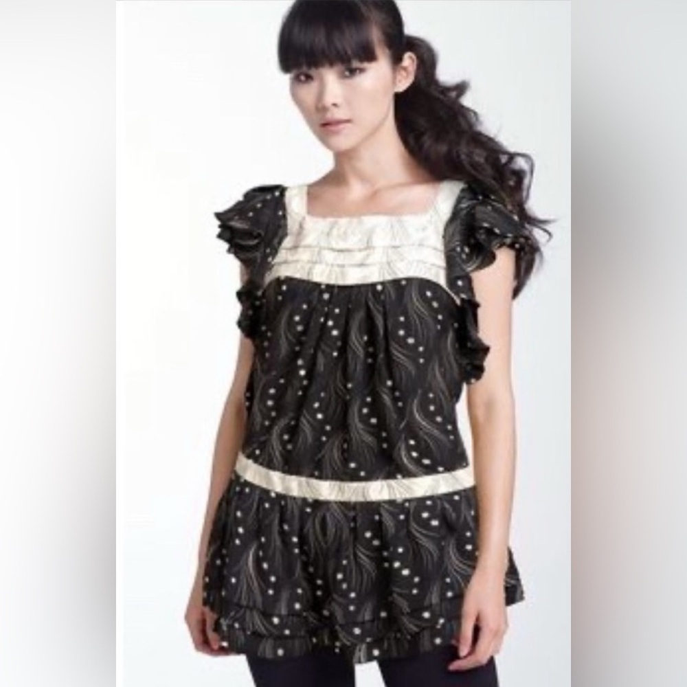 Anthropologie Black and White Flutter Sleeve Blouse
